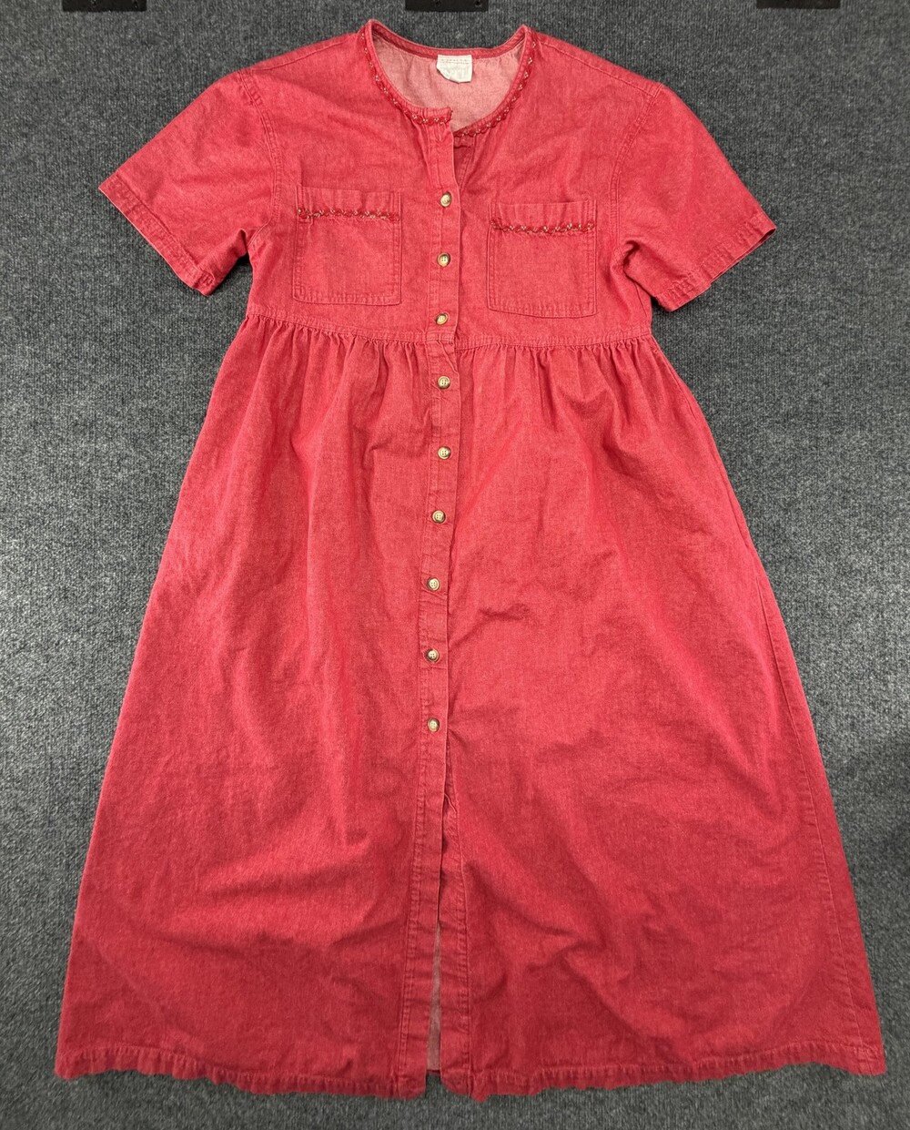 MODA INTL Dress Womens 12 Red Denim Button Front Maxi Pockets Embroidered